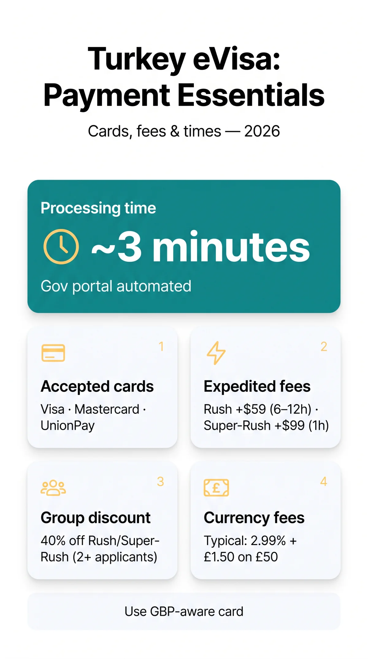 Infografika: Guide to Turkey eVisa Payment Methods: Cards, Fees, and Discounts in 2026