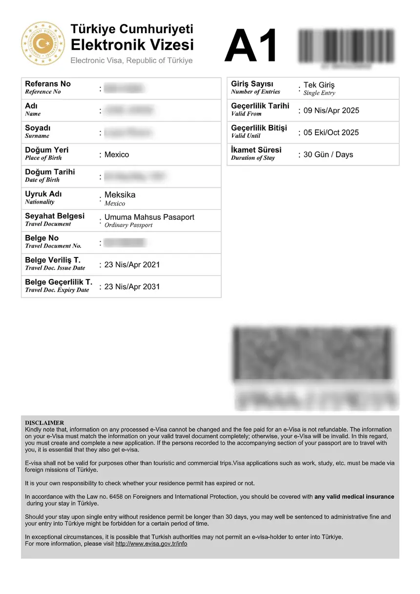 Sample Turkey e-Visa issued via evisa.gov.tr